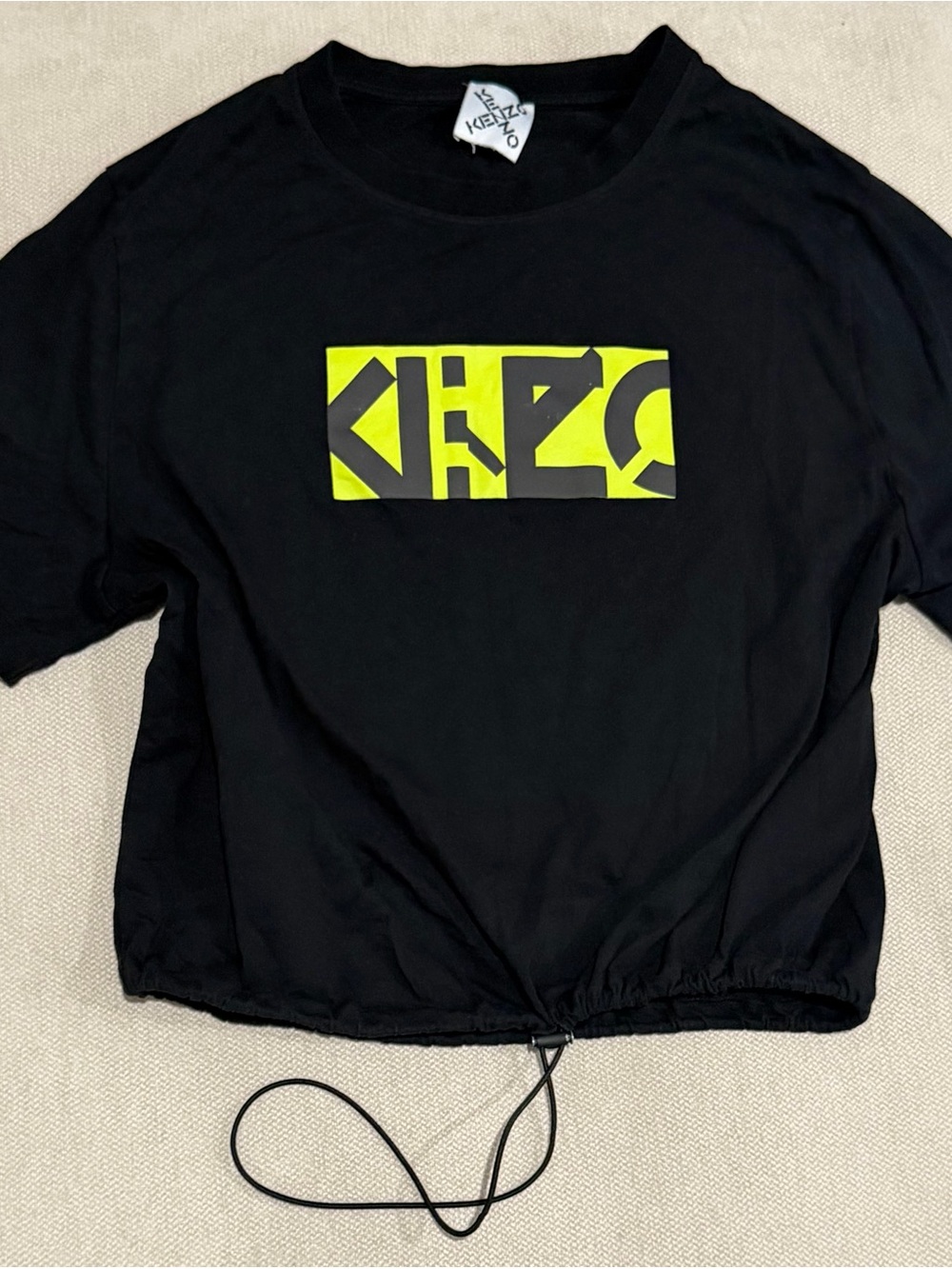 Kenzo Black Tee with Neon Yellow Logo Panel and Drawcord Hem